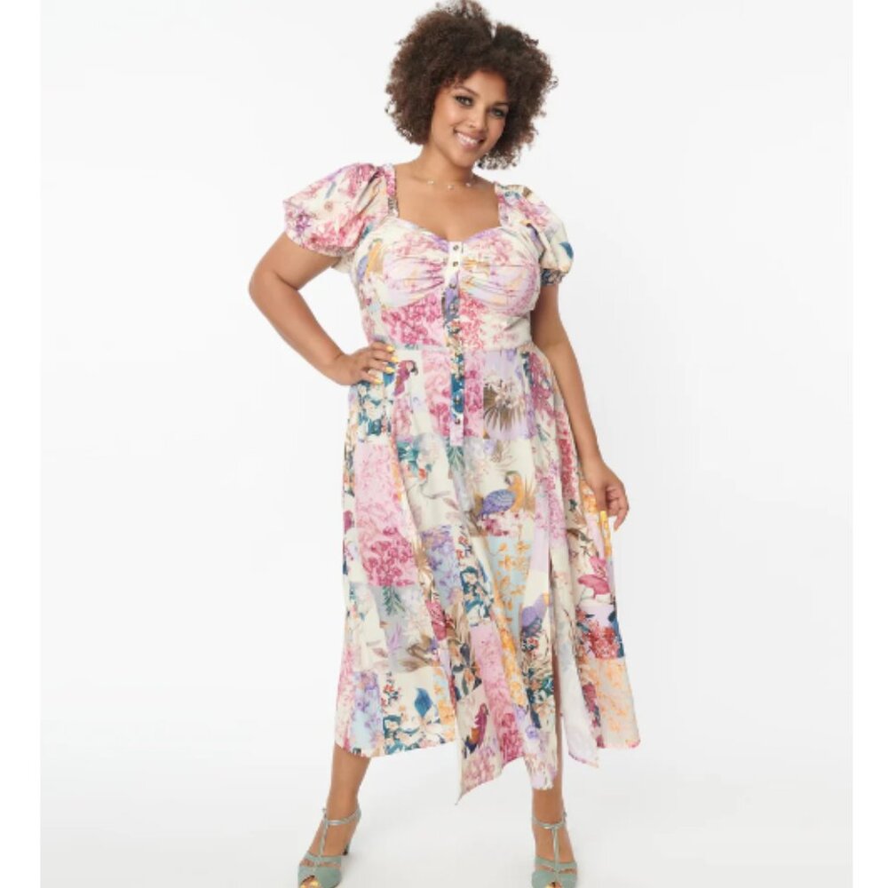Unique Vintage Plus Size Pastel Patchwork Print Midi Dress - 3X/20